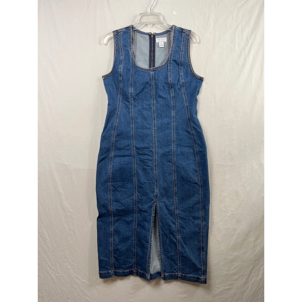 Sofia Jeans Denim Dress Womens M Blue Sleeveless Midi Front Slit Bodycon Sheath